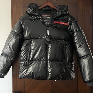 Prada Black Patent Leather Hooded Down Jacket